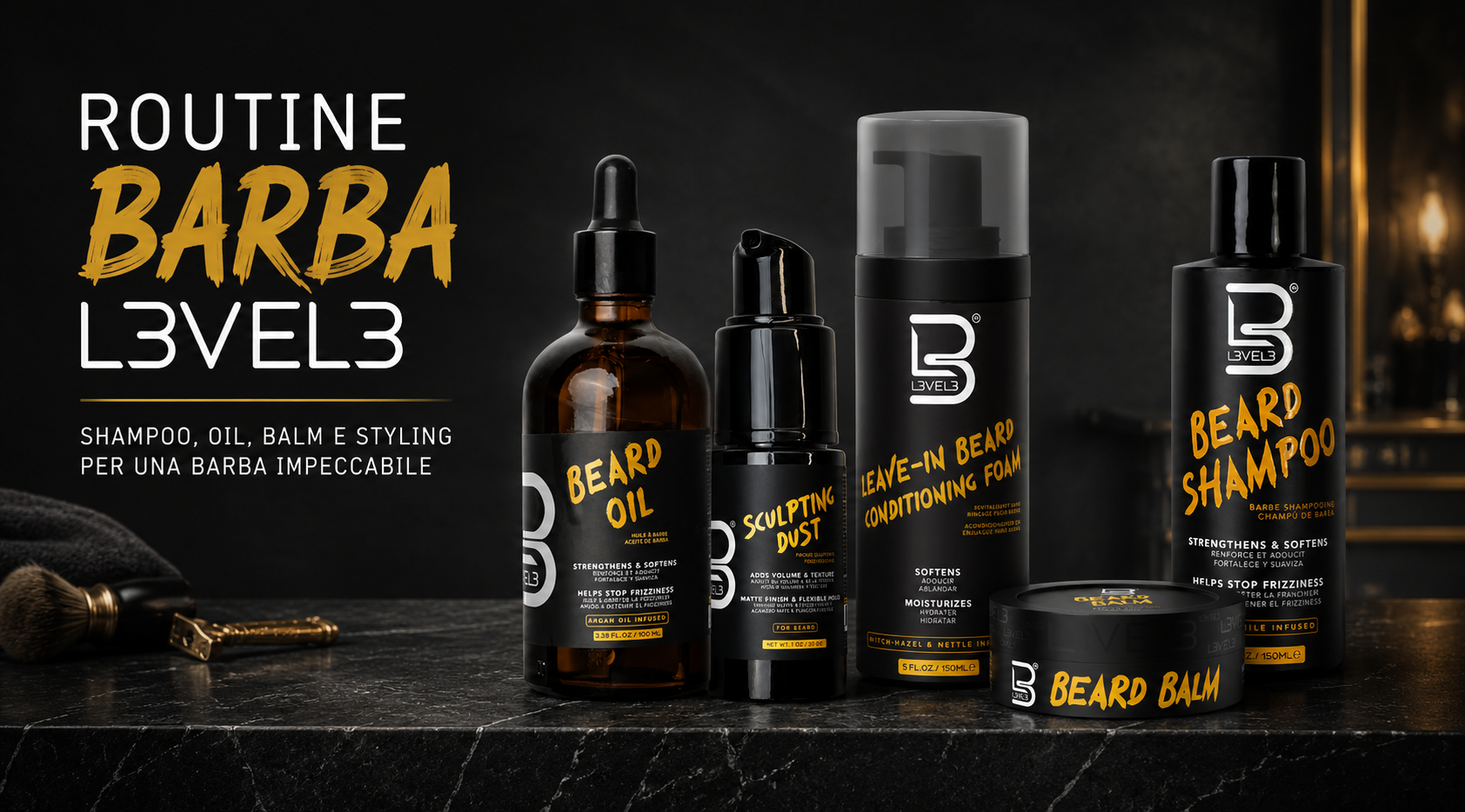 Cura Barba L3VEL3: Shampoo, Oil, Balm e Styling