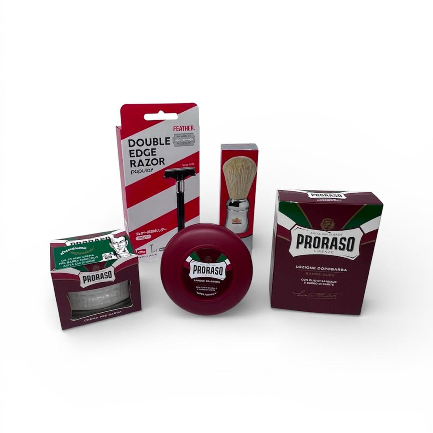 Kit Proraso Rosso Rasatura Plus - Pennello Barba Professionale “48” Omega - Crema PreBarba Sandalo e Karité Linea Rossa 100 ml Sapone da Barba Linea Rossa 150 ml Dopobarba Liquido Sandalo e Karité 100 ml Proraso - Rasoio Popular Double Edge Feather