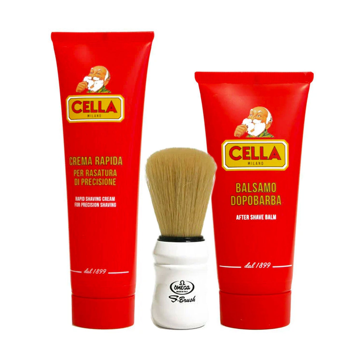 Kit Cella Rasatura Rosso Crema Rapida Rasatura Precisione 150 ml  e Balsamo Dopobarba 100 ml Cella Milano - Pennello S-Brush S10049 Omega