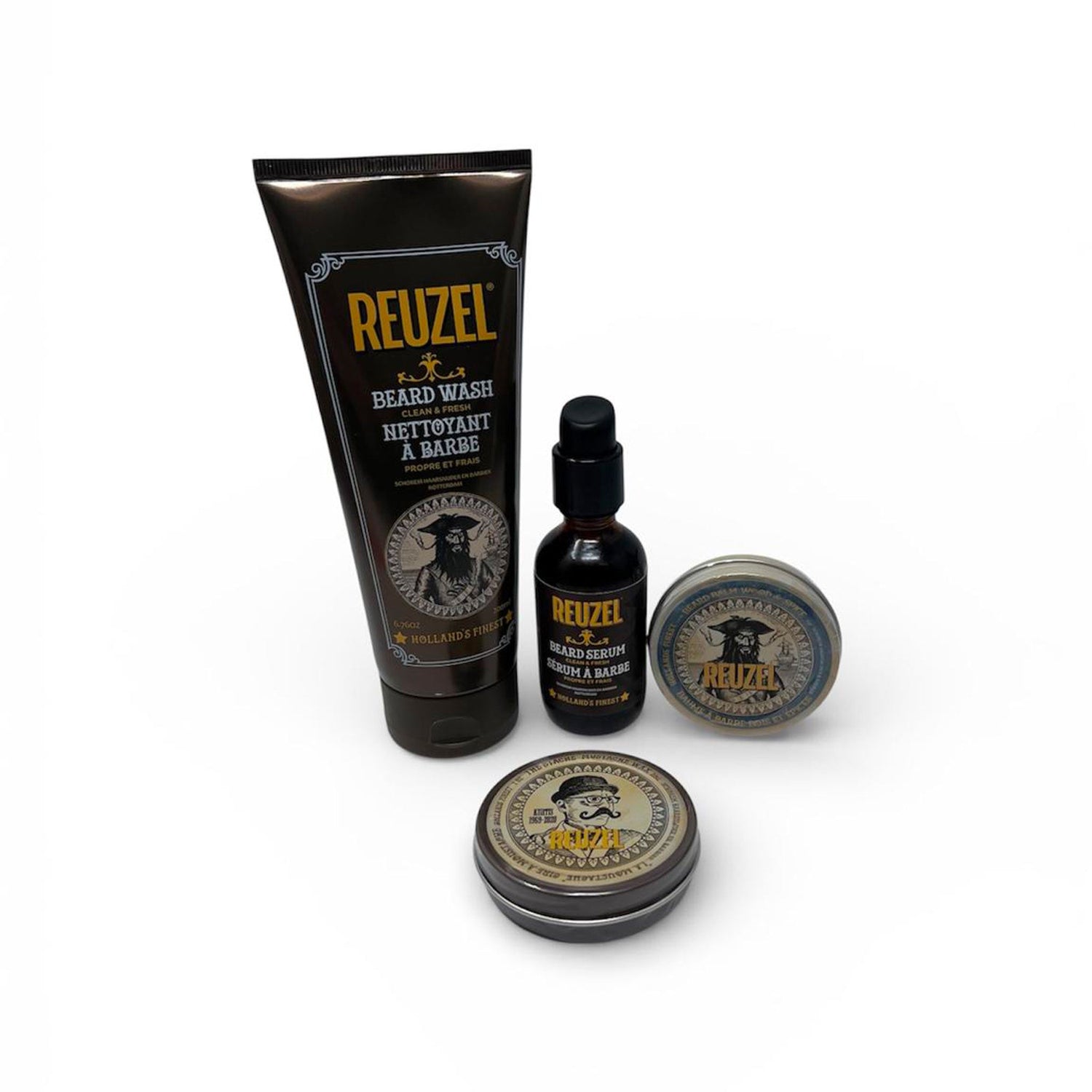 Kit Cura Barba Reuzel - Beard Wash Clean & Fresh 200 ml - Beard Serum 50 ml - Balsamo da Barba Beard Balm Wood & Spice 35 g - Cera per Baffi Moustache Wax Reuzel 28 g