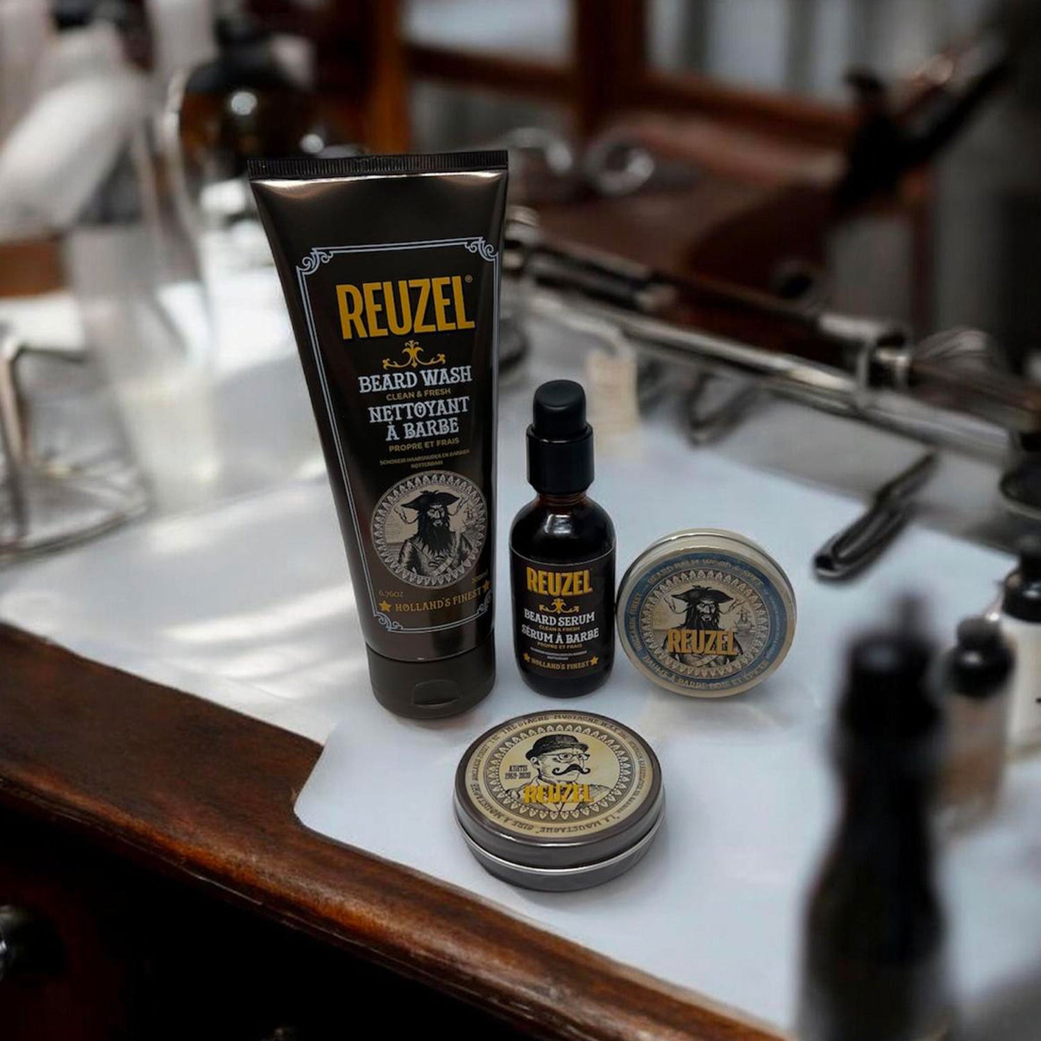 Kit Cura Barba Reuzel - Beard Wash Clean & Fresh 200 ml - Beard Serum 50 ml - Balsamo da Barba Beard Balm Wood & Spice 35 g - Cera per Baffi Moustache Wax Reuzel 28 g